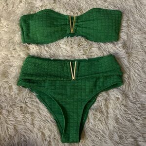 Green Strapless Bikini Set with Gold Accents